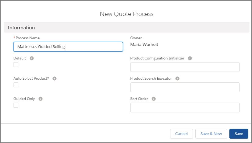 Salesfroce CPQ New Quote Process Information Fields and Checkboxes